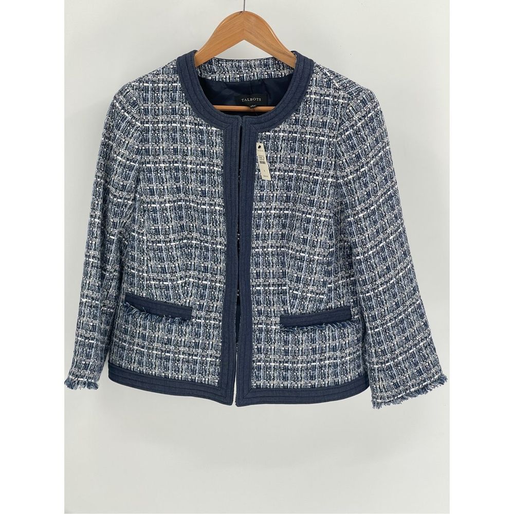 Talbots Blazer Women's Size 8‎ Tweed Boucle Blue Fringe New